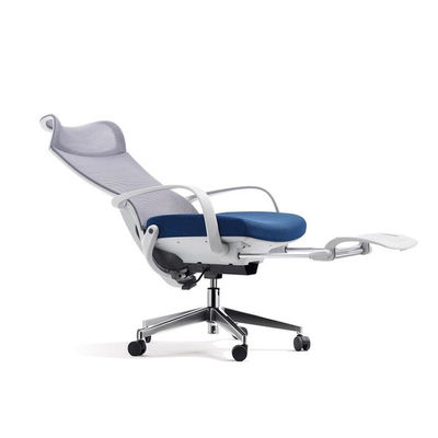 グレーとブルー メッシュ オフィスチェア 固定ヘッドレストと160°傾斜角
