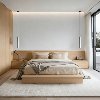 卸売高級ホテルベッドルーム家具セット木製5つ星ホテルベッド、ベッドサイドテーブル付き